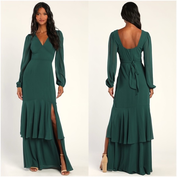 LULU’S Tier Elegance Hunter Green Long Sleeve Tiered Maxi Dress - Picture 1 of 5